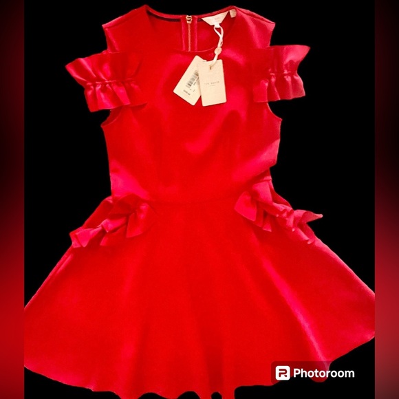 Ted Baker Cold shoulder Ruffle Dress New w/Tags Bright Red US Sz 6 - Picture 8 of 13